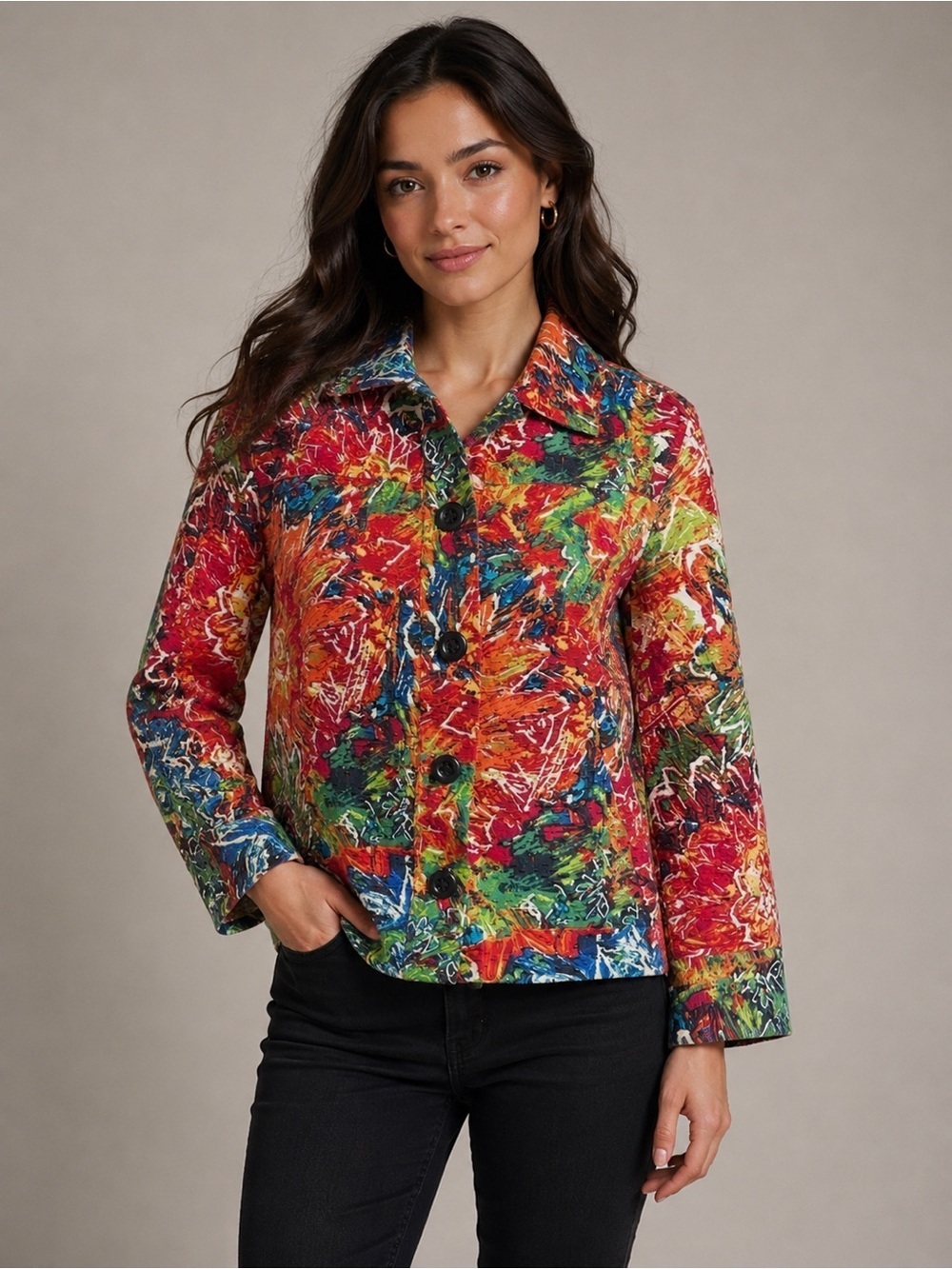 Chico’s Abstract Floral Silk Blend  Size 0 XS 3/4 Sleeve Button Front Jacket